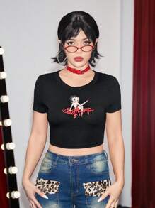 Betty Boop | ROMWE Camiseta corta de verano ajustada con impresión de letra y personaje de dibujos animados