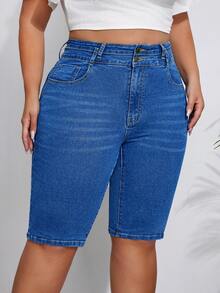 SHEIN LUNE Shorts de mezclilla de talle alto para tallas grandes - Azul lavado medio - Ver 5