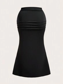 Flirla 加大码纯色褶皱美人鱼裙摆半身裙，黑色褶皱半身裙 - 黑色 - 查看 2