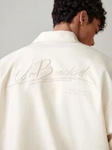 SWAVVY 男士都市时尚宽松短袖翻领宽松衬衫，带英文字母图案，适合日常休闲穿着、朋友 - 杏色 - 查看 3