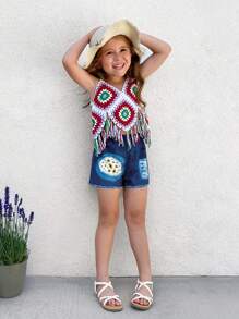 SHEIN Young Girls Beach Vacation Crochet Fringed Hem Sweater Camisole - Brown - View 5