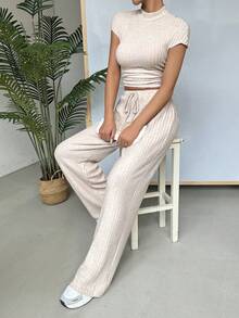 SHEIN EZwear Bộ 2 món Áo sơ mi ngắn tay và quần dài đơn giản hàng ngày dành cho nữ - Màu be - Xem 5