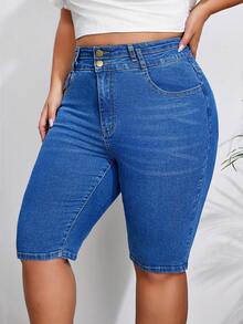 SHEIN LUNE Shorts de mezclilla de talle alto para tallas grandes - Azul lavado medio - Ver 3