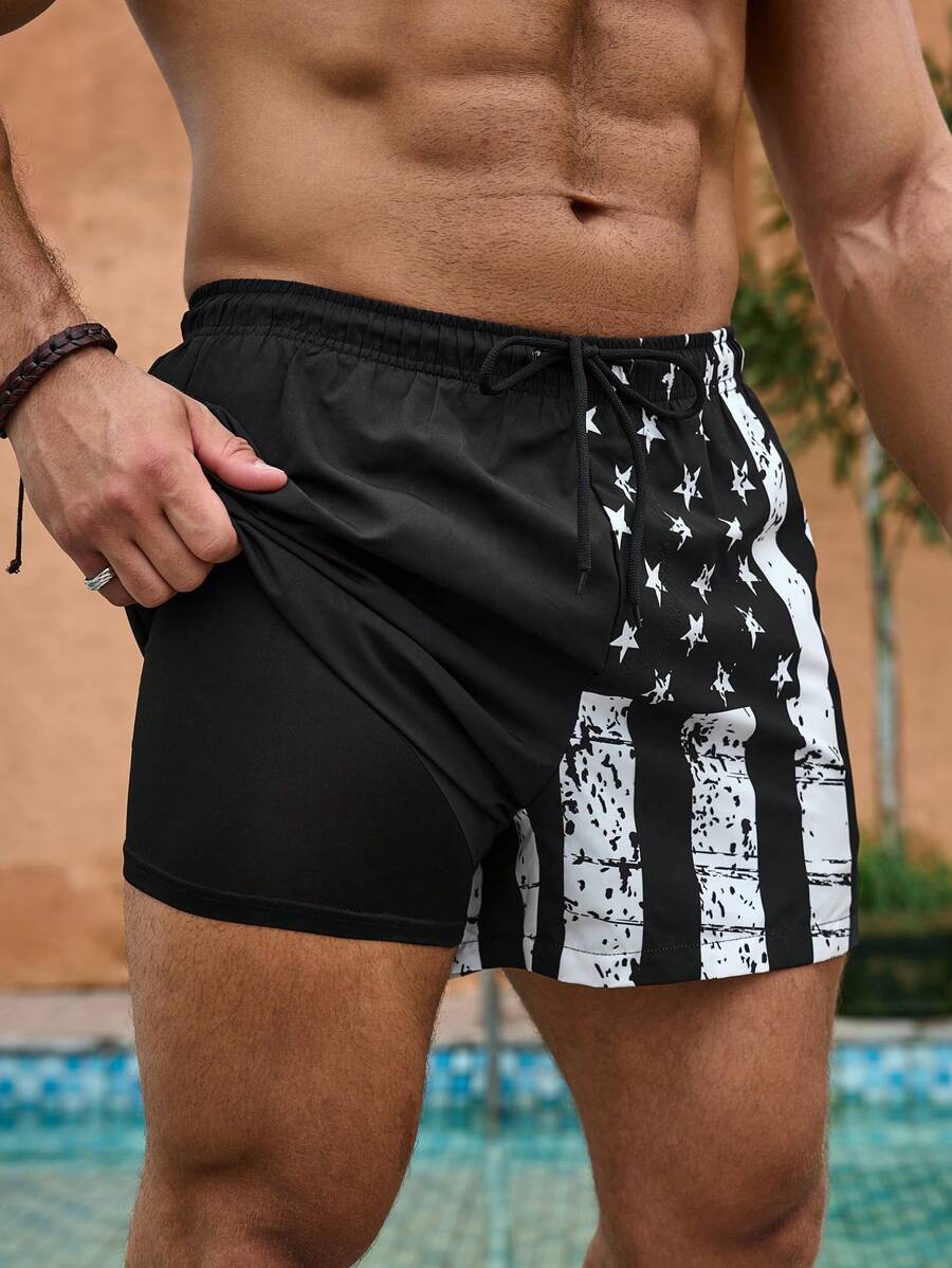 Palasendo Quần bơi nam in họa tiết ngôi sao có dây rút eo, quần short đi biển, đi nghỉ, phong cách Hawaii - màu đen - Xem 1