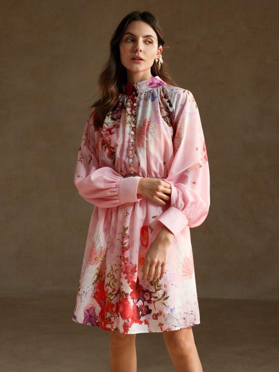 Anewsta 女士花紋燈籠袖單排扣短裙，休閒度假風格