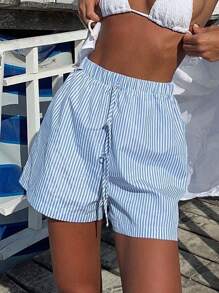 INAWLY Women's Striped Casual Summer Holiday Shorts - Blue and White - View 3