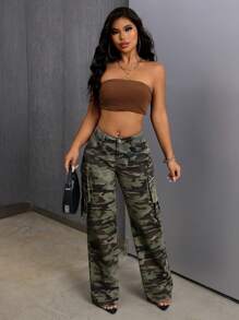 SHEIN SXY Camo Print Flap Pocket Cargo Jeans - Multicolor - View 5