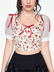 ROMWE Kawaii Sweet Rose Print Cami Top For Women - Burgundy - View 2