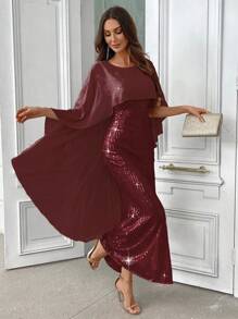 SHEIN Belle Khăn choàng sequin lấp lánh màu đỏ tía dành cho nữ, váy dạ hội dài thanh lịch - Màu Đỏ Sâu - Xem 3