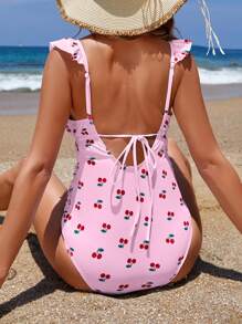 SHEIN Schwangerschafts-Bauchband Kirschprint Rüschen Einteiliger Badeanzug Sommer