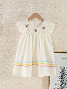 Vestido de bebé niña con bordado floral y ribete de volantes - Albaricoque - Ver 1