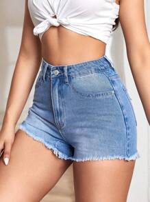 SHEIN EZwear Women's Loose And Casual Denim Shorts With Frayed Hem And Pockets