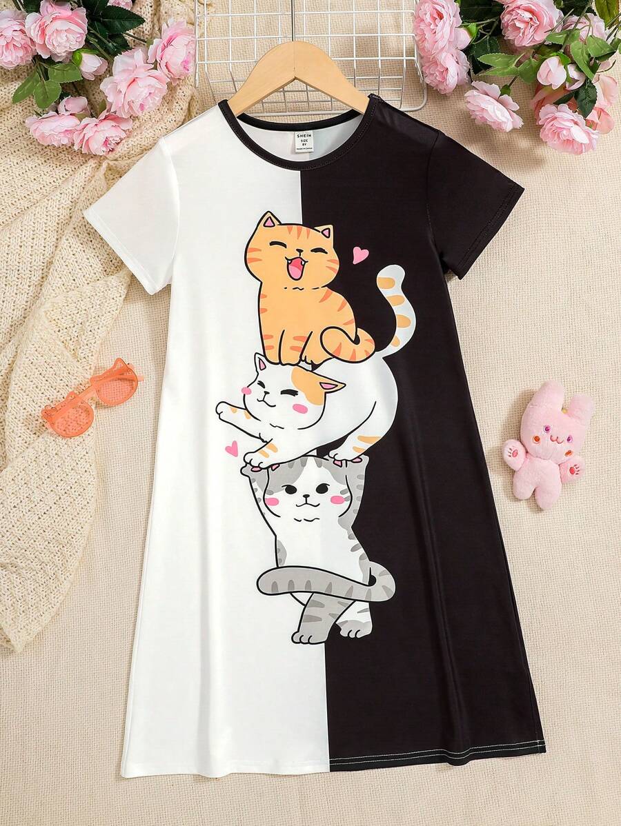 SHEIN Tween Girl Loose Fit Họa tiết hoạt hình Khối màu Ghép áo thun cổ tròn ngắn/dài tay Váy midi - Đen và trắng - Xem 1