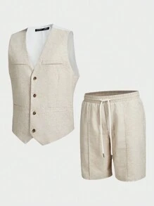 Manfinity VCAY Herren 2-teiliger Anzug aus ärmellosem Jacquard-Weste und Shorts, mit V-Ausschnitt und Knopfleiste. Geeignet für Business oder Lässig Kleidung im Frühling und Sommer