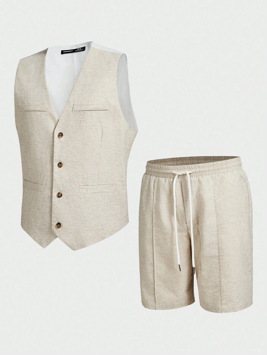 Manfinity VCAY Herren 2-teiliger Anzug aus ärmellosem Jacquard-Weste und Shorts, mit V-Ausschnitt und Knopfleiste. Geeignet für Business oder Lässig Kleidung im Frühling und Sommer