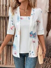 EMERY ROSE Summer Women's Floral Leaf Printed Patchwork 2 In 1 T-Shirt Graphic Tees Women Tops - White - View 6