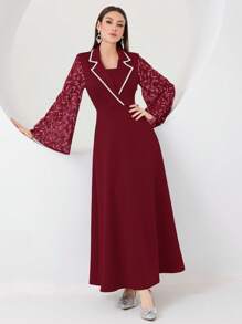 Modelyn 夏季對比綁定荷葉袖裙 - 酒紅色 - 查看 5