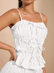 SHEIN BAE White Camisole With Ruffled Edges And Bow Decoration, Sexy And Sweet For Daily Wear