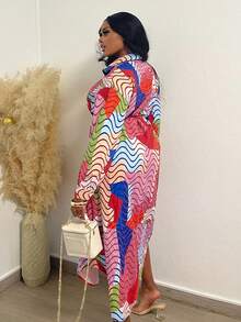 Slaydiva Casual Plus Size Women's Spring/Summer Colorful Wave Striped Long Sleeve Shirt Dress For Work/Commute - Multicolor - View 2