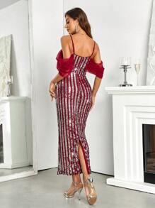 SHEIN Belle Burgundy Red Cold Shoulder Contrast Mesh Sequin Bridesmaid Dress