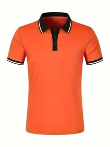 Men Button Contrast Trim Polo Shirt For Summer - Orange - View 3