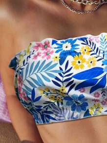 SHEIN Swim 女士夏季抹胸比基尼泳装套装，随机印花，两件套泳衣 - 彩色 - 查看 4