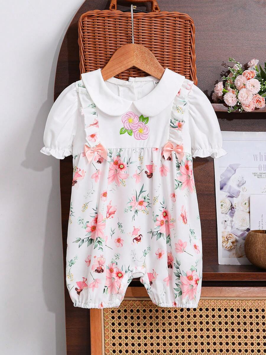 Baby Girl Summer New Embroidered Romper With Lovely Pattern, White Ditsy Floral Patchwork Knit Peter Pan Collar Jumpsuit, Suspender Shorts With Short Sleeves, Lightweight - Pink - View 1