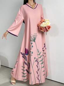 Al Najma 花卉印花對比邊緣阿拉伯連衣裙 - 粉色 - 查看 5