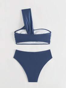 SHEIN Swim 女士夏季海滩纯色扭结单肩性感比基尼套装分体比基尼套装 - 霧霾藍 - 查看 2