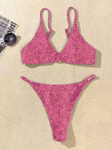 SHEIN Swim 女士夏季海滩全身印花粉色圆环性感比基尼套装，随机印花 - 彩色 - 查看 3