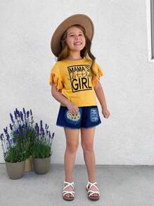SHEIN Conjunto De Camiseta De Manga Corta Con Flecos Y Estampado De Patrón Floral Y Cartas Decorativas Para Niñas Jóvenes Con Shorts De Mezclilla Para Primavera/verano