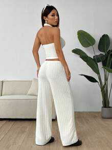 SHEIN EZwear 米色針織女式短上衣＆寬腿褲套裝，無袖領口頸掛領且休閒 - 杏色 - 查看 2