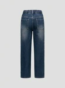 SHEIN Vintage Y2K Tween Girl Rhinestone Studded Detailed Wide Leg Jeans, Fashionable And Versatile - Medium Wash - View 2