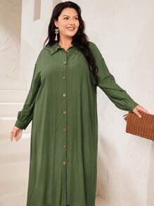 Mulvari Plus Solid Button Front Shirt & Pants - Army Green - View 6