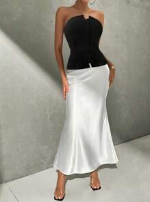 SHEIN Privé Vestido midi elegante y sencillo para mujer con cremallera frontal, cintura ceñida y falda con cola de pez en blanco y negro - perfecto para ir al trabajo, citas, bodas y la vuelta a clase - Multicolor - Ver 2