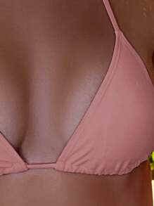 SHEIN Swim Women Solid Halter Triangle Bikini Top - Pink - View 4