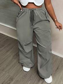 Slaydiva Plus Size High Waisted Loose Drawstring Cargo Pants With Pockets - Perfect For Casual, Running, Street Style - Grey - View 1
