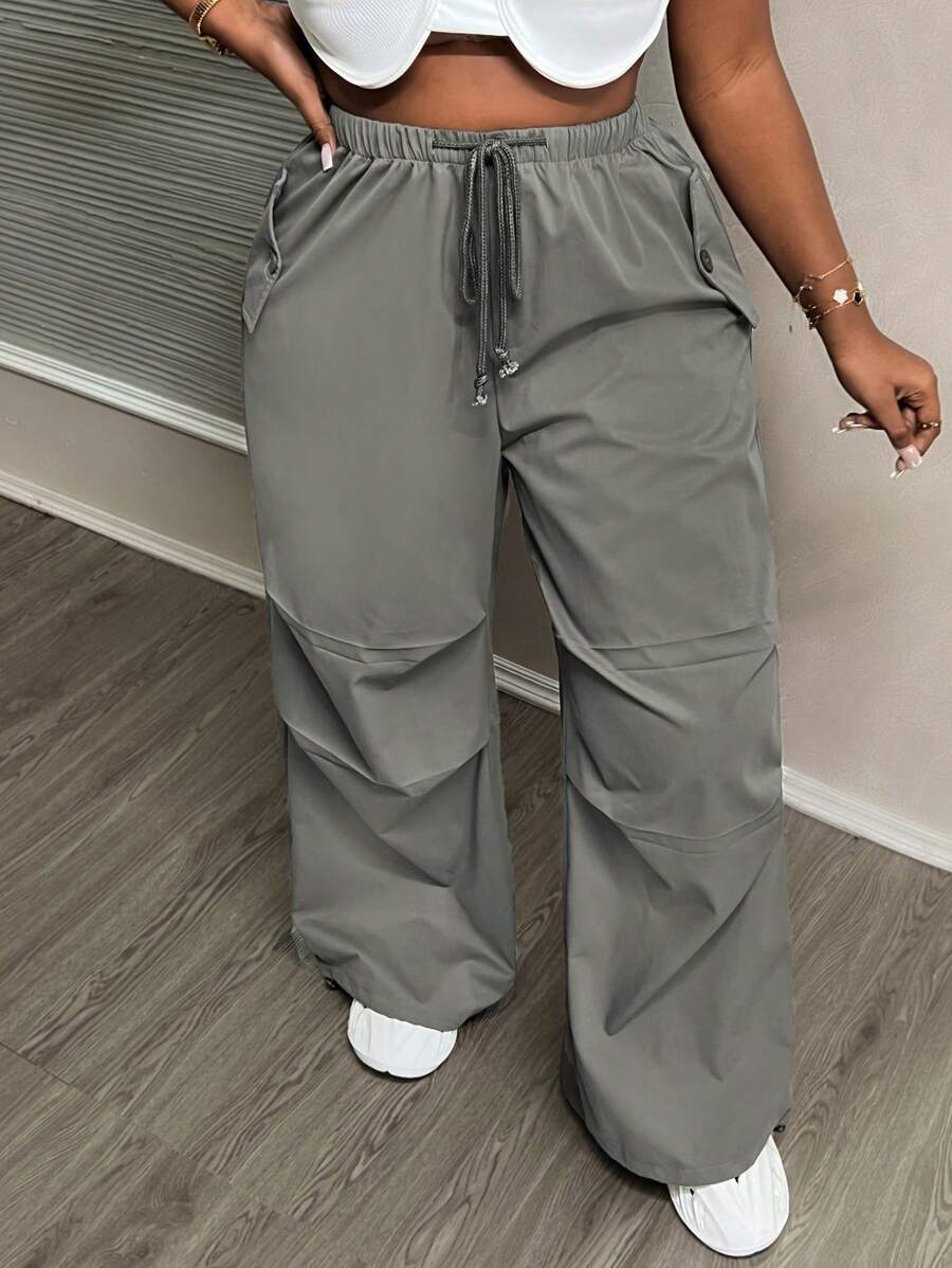 Slaydiva Plus Size High Waisted Loose Drawstring Cargo Pants With Pockets - Perfect For Casual, Running, Street Style - Grey - View 1