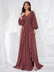 SUPGIR V 领雪纺灯笼袖褶皱紧身胸衣腰部饰有珍珠和花卉蕾丝花边连衣裙优雅长袖伴娘礼服