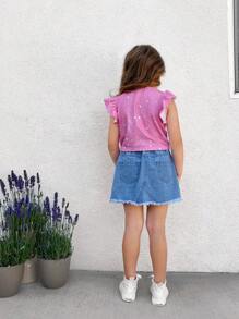 SHEIN Kleine Mädchen Denim Rock mit Muster, Nieten und gewaschenem Effekt, ideal für einen süßen und verspielten Urlaubslook