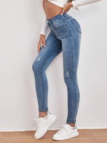 EMERY ROSE Women's Casual & Versatile Skinny Jeans With Ripped Pockets Winter - Blue - View 4