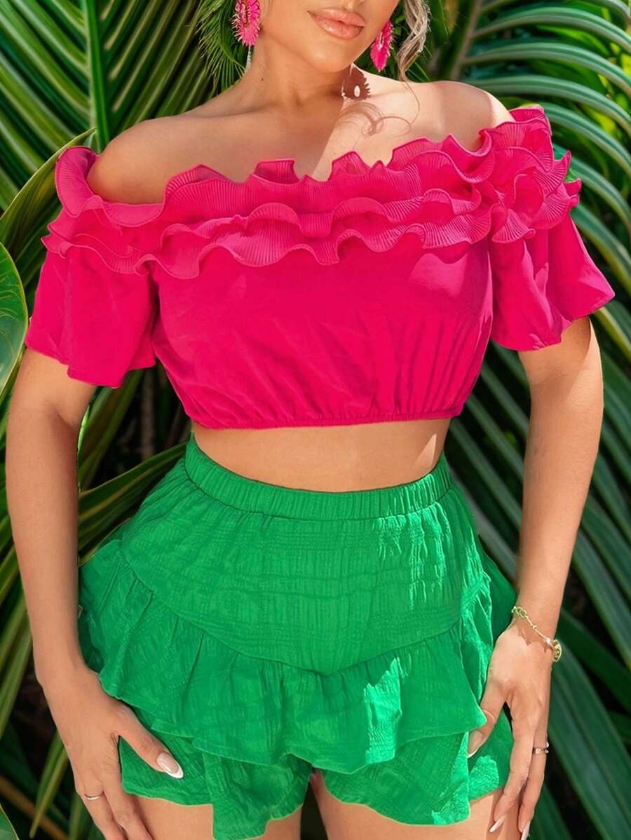 SHEIN SXY قميص نسائي مقصوص قصير بأكتاف مكشوفة ومطوي لقضاء عطلة على الشاطئ مثير - روز أحمر - مشاهدة 1