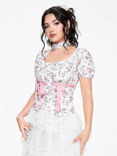 Fairycore Mignon doux t-shirt femme avec décoration d'un nœud en forme de ruban et un motif floral ditsy ditsy