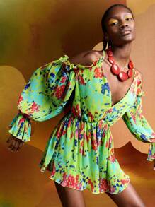 Alice McCall Designer Boho Bohemian Tie Dye Cold Shoulder Flounce Sleeve Romper, For Holiday, Vacation, Spring, Beach, Festival, Ibiza Fits - Multicolor - View 7