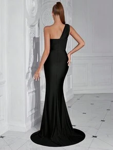 ADYCE Ladies Solid Color One Shoulder Ruffle Hem Split Hem Cocktail Party Dress - Black - View 2