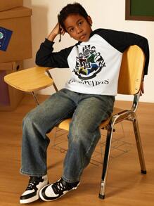 HARRY POTTER X SHEIN Tween Boy Color-Block Sweatshirt With Four Academy Badges Print, Casual And Versatile, For Spring And Autumn - Multicolor - View 3