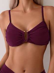 SHEIN Swim Áo bikini xếp nếp trơn mùa hè - Màu Đỏ Sâu - Xem 1