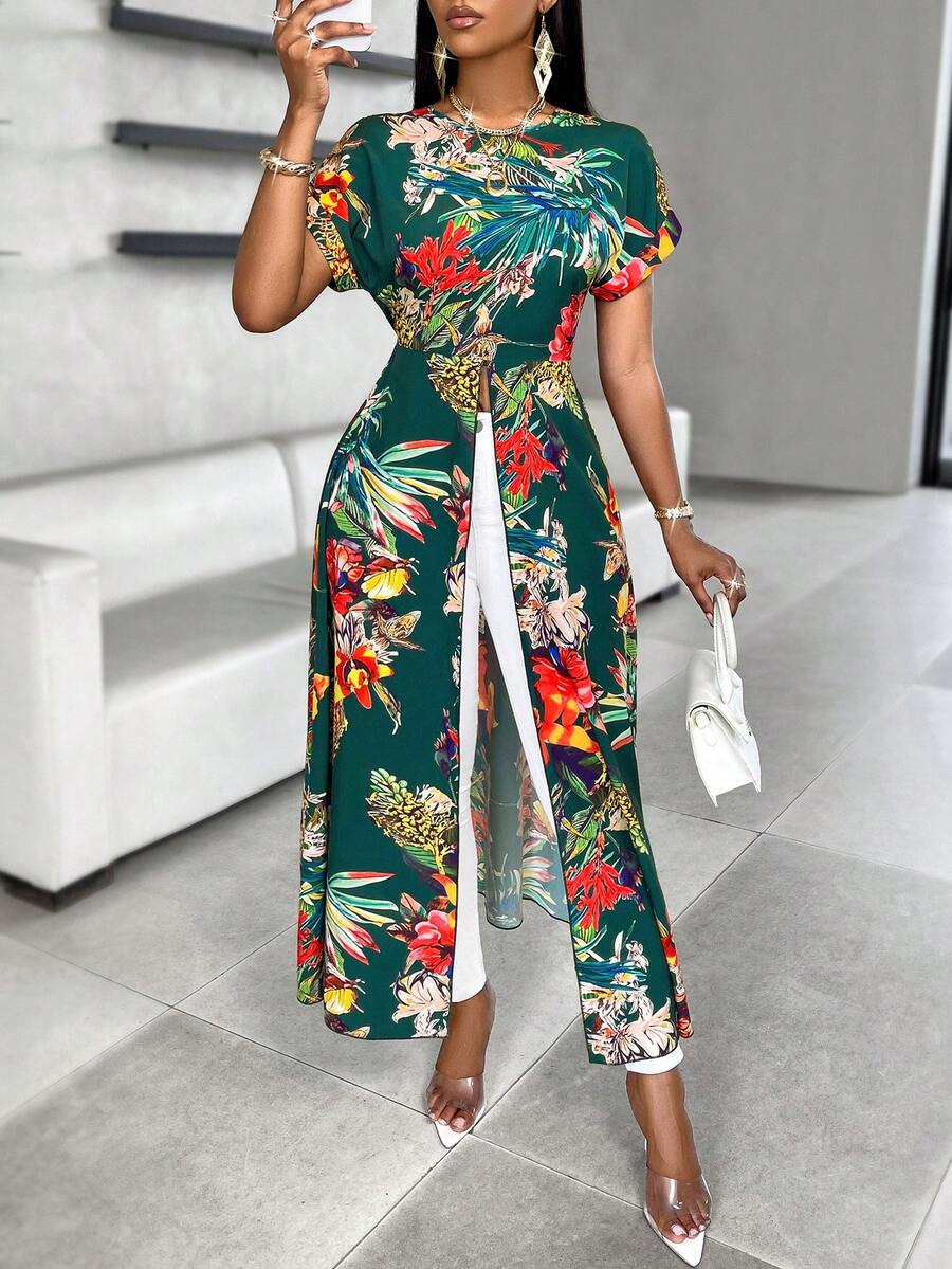 SHEIN Slayr Random Floral Print Split Hem Long Blouse - Green - View 1