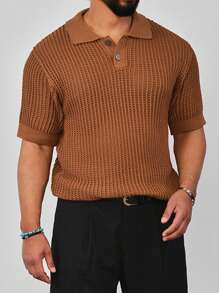 Camisa de punto casual de manga corta con cuello polo de unicolor para hombre, atuendo de negocios - Marrón - Ver 4