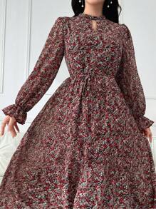 Modelyn 小碎花印花锁孔领口荷叶边袖系带连衣裙 - 紅色 - 查看 4